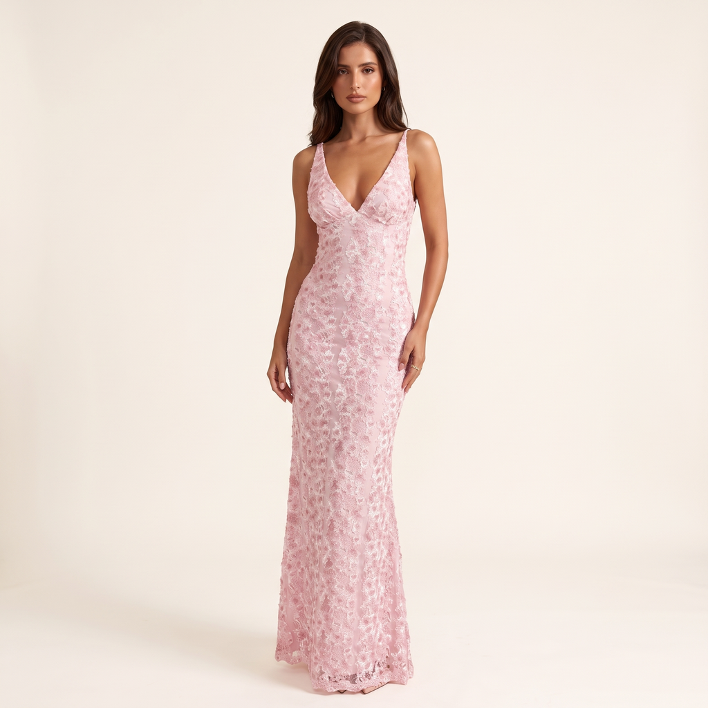 Marisa Open-Back Stretch Lace Maxi Dress – Pink – front view