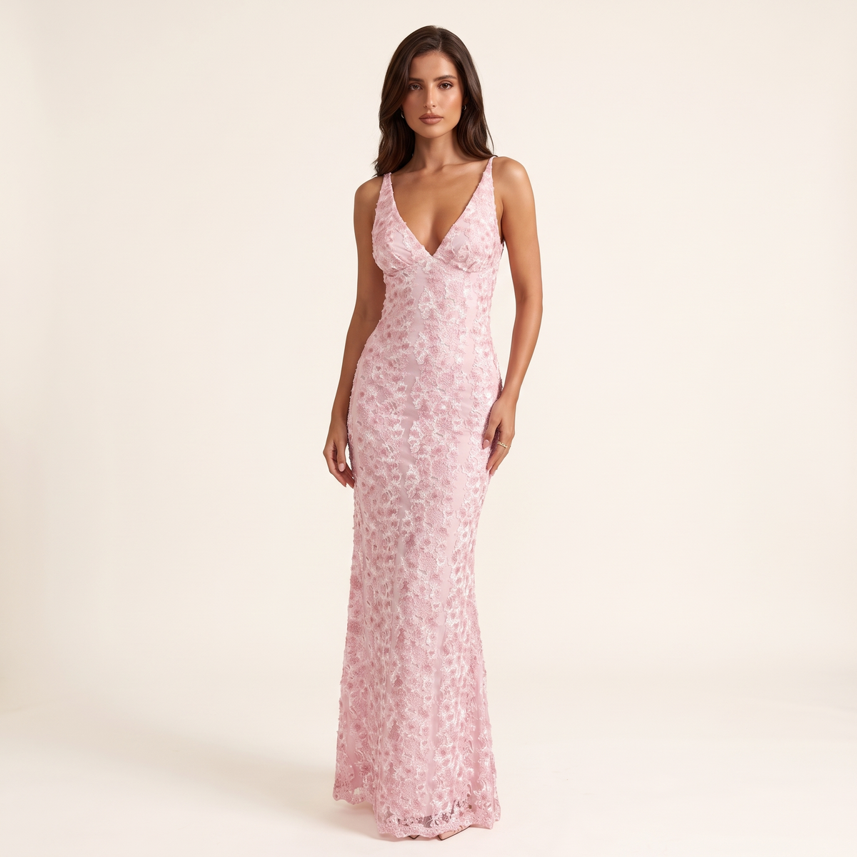 Marisa Open-Back Stretch Lace Maxi Dress – Pink – front view