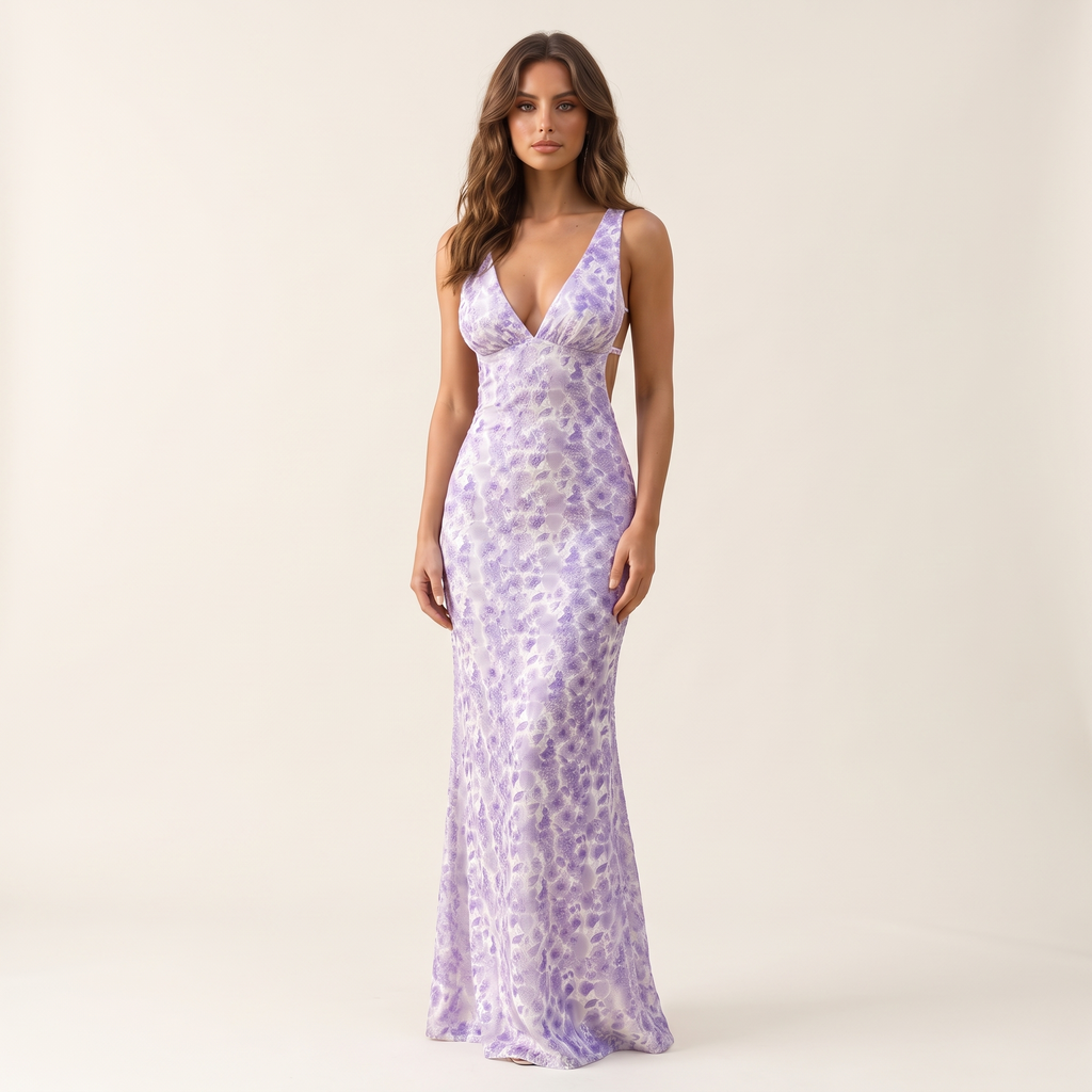 Marisa Open-Back Stretch Lace Maxi Dress – Purple – front view