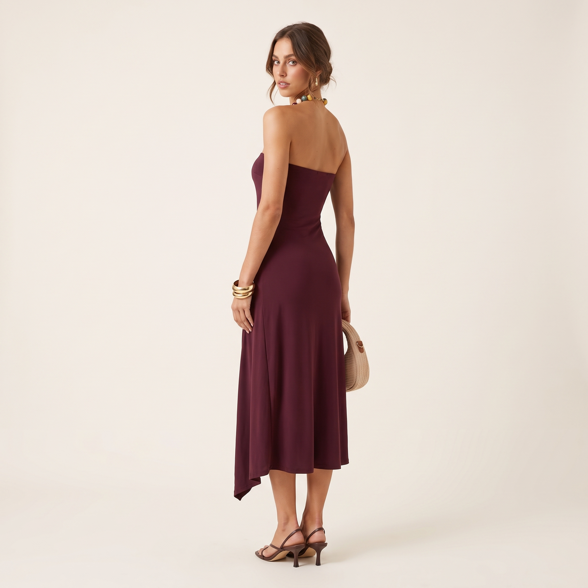 Mauve Strapless Asymmetric Drape Midi Dress – Plum – back view