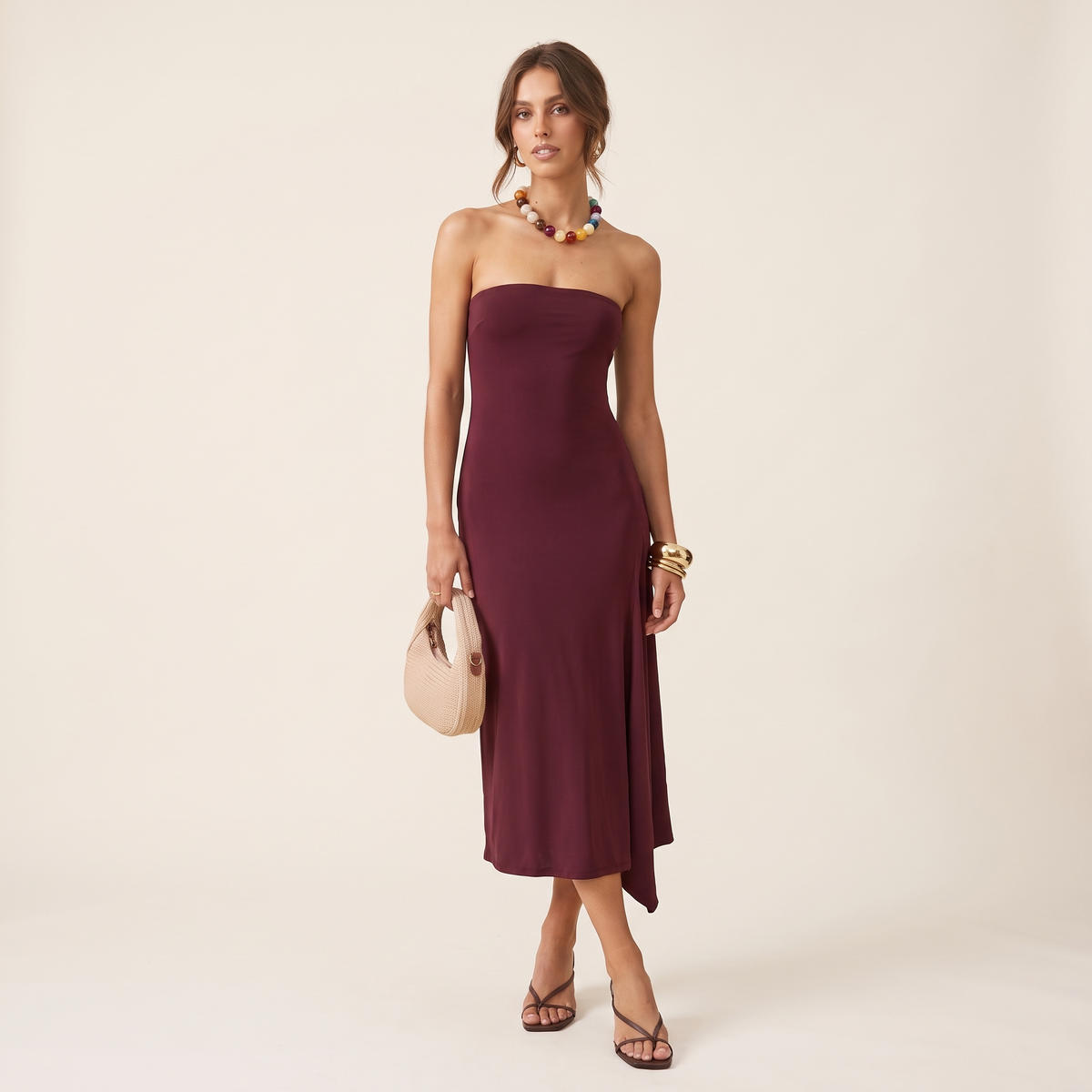 Mauve Strapless Asymmetric Drape Midi Dress – Plum – front view