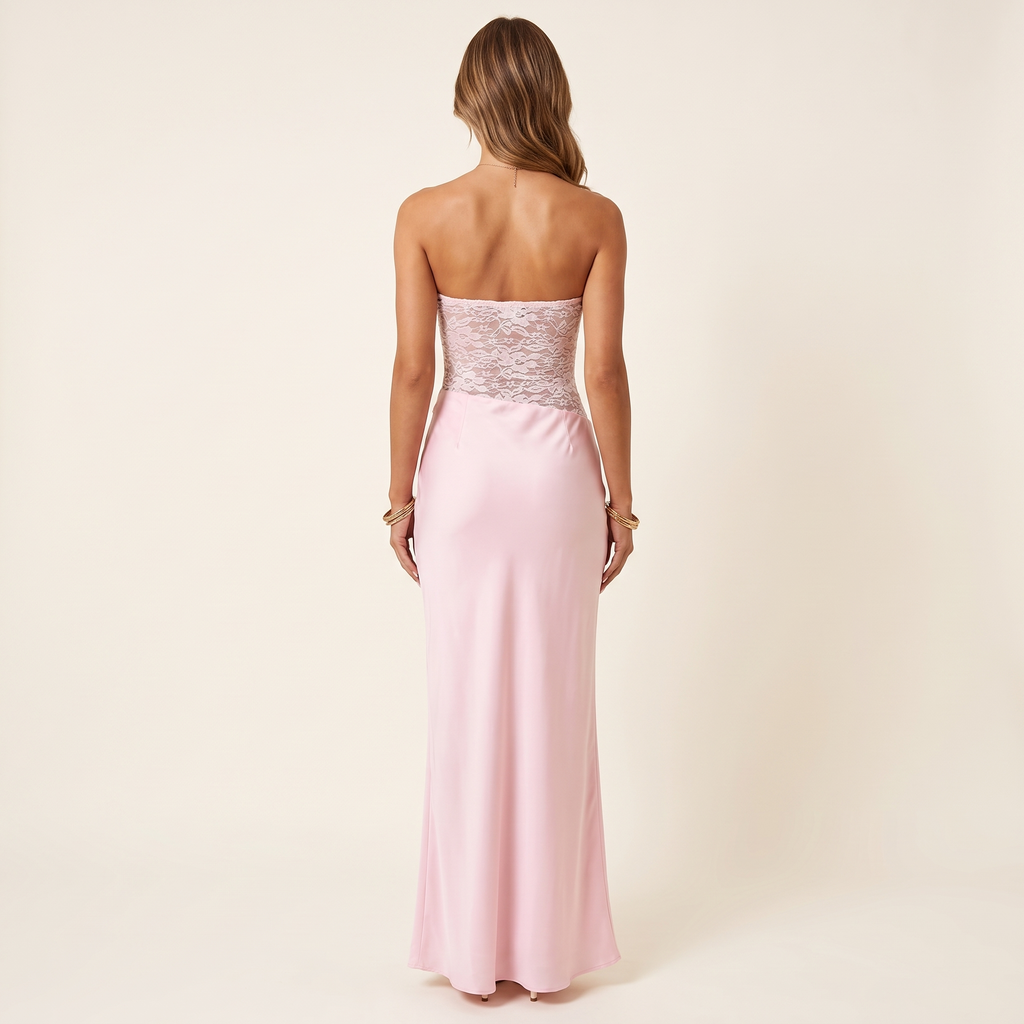 Mireille Lace Bodice Satin Maxi Dress – Pink – back view