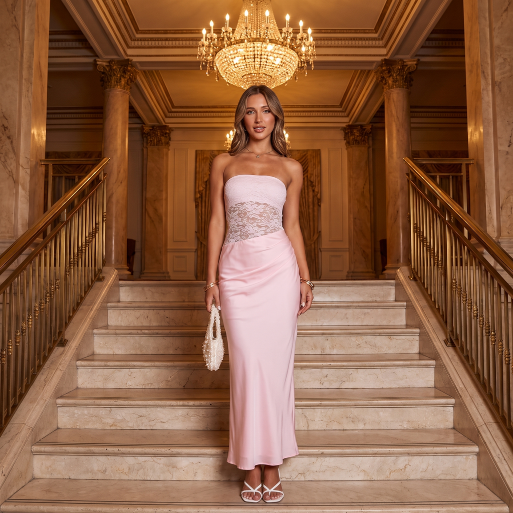 Mireille Lace Bodice Satin Maxi Dress – Pink – lifestyle