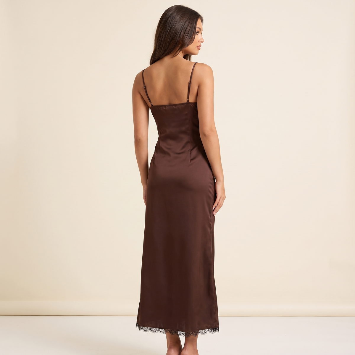 Mocha Lace Bust Satin Midi Dress – Brown – back view