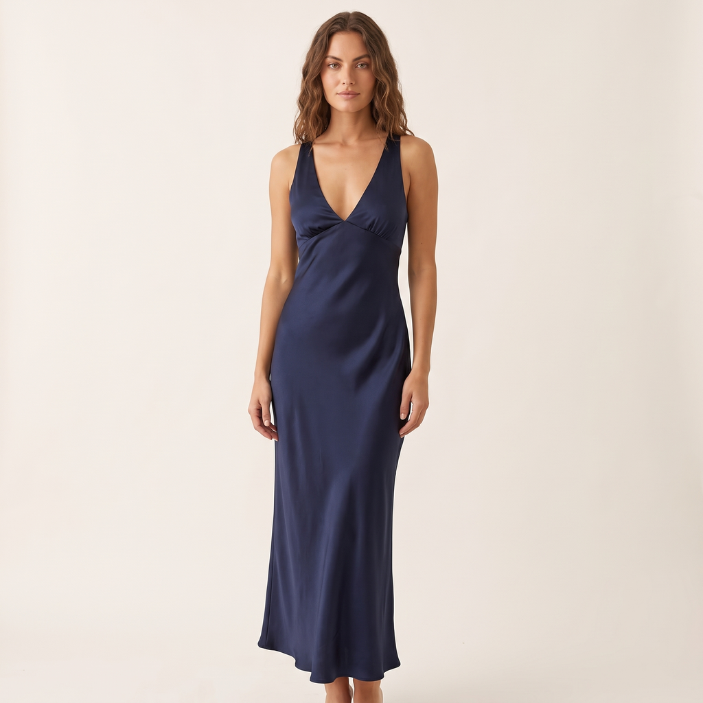 Natalia Deep V Satin Slip Midi Dress – Navy – front view