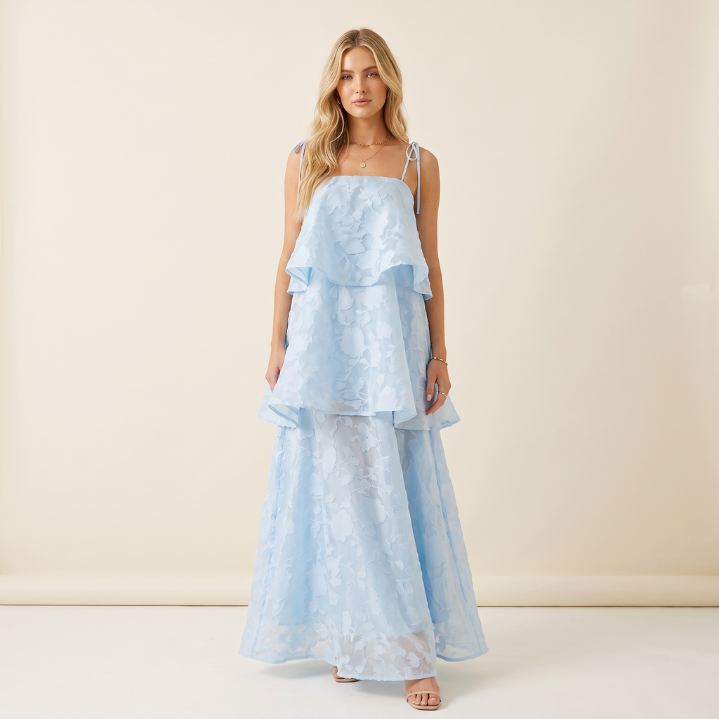 Nerina Tie-Shoulder Maxi Dress – Pale Blue – front view