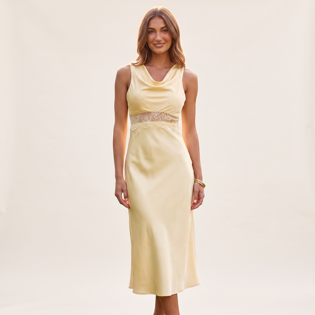 Ninette Cowl Neck Midi Dress – Yellow – front view