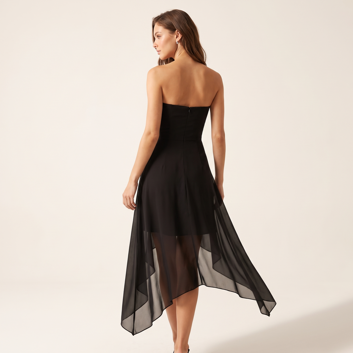 Noa Strapless Hanky Hem Chiffon Midi Dress – Black – back view