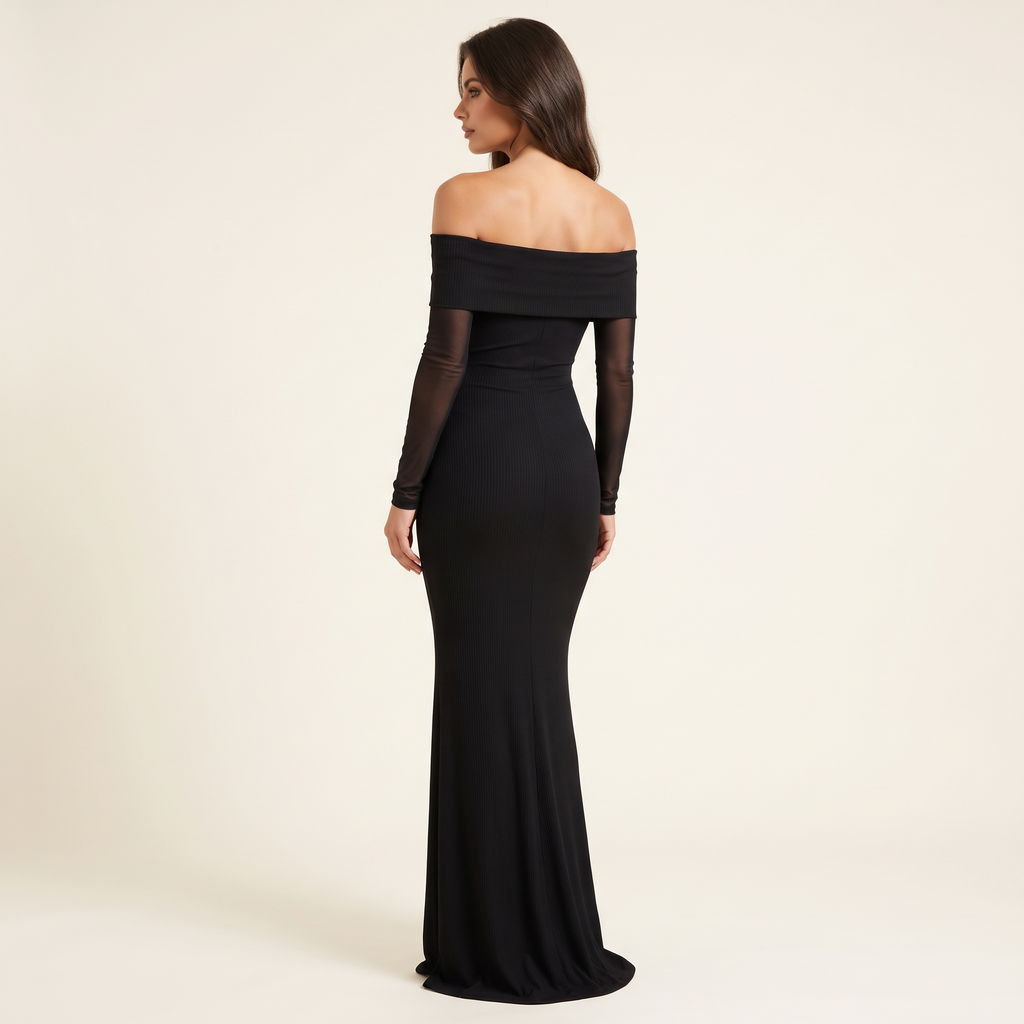 Nocturne Off-Shoulder Long Sleeve Mesh Maxi Dress – Black – back view