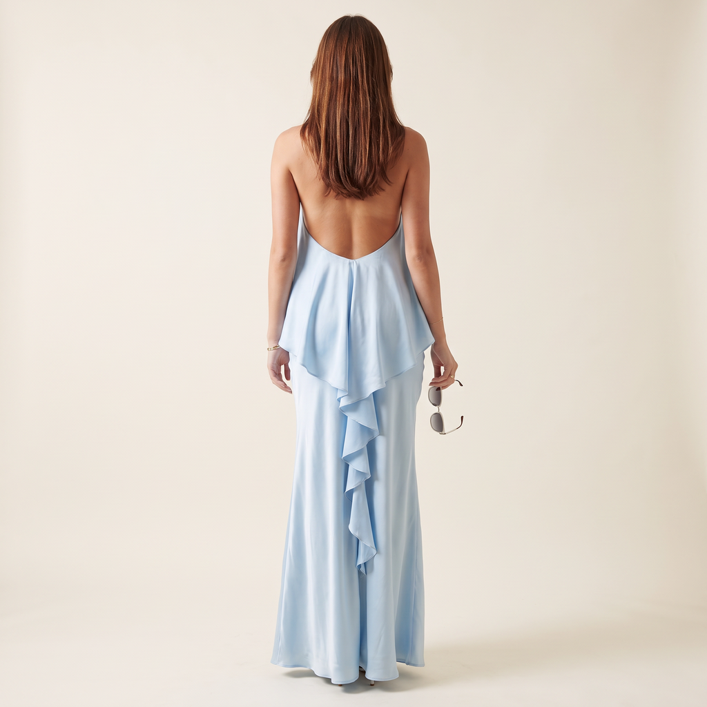 Nuala Halter Low Back Maxi Dress – Pale Blue – back view
