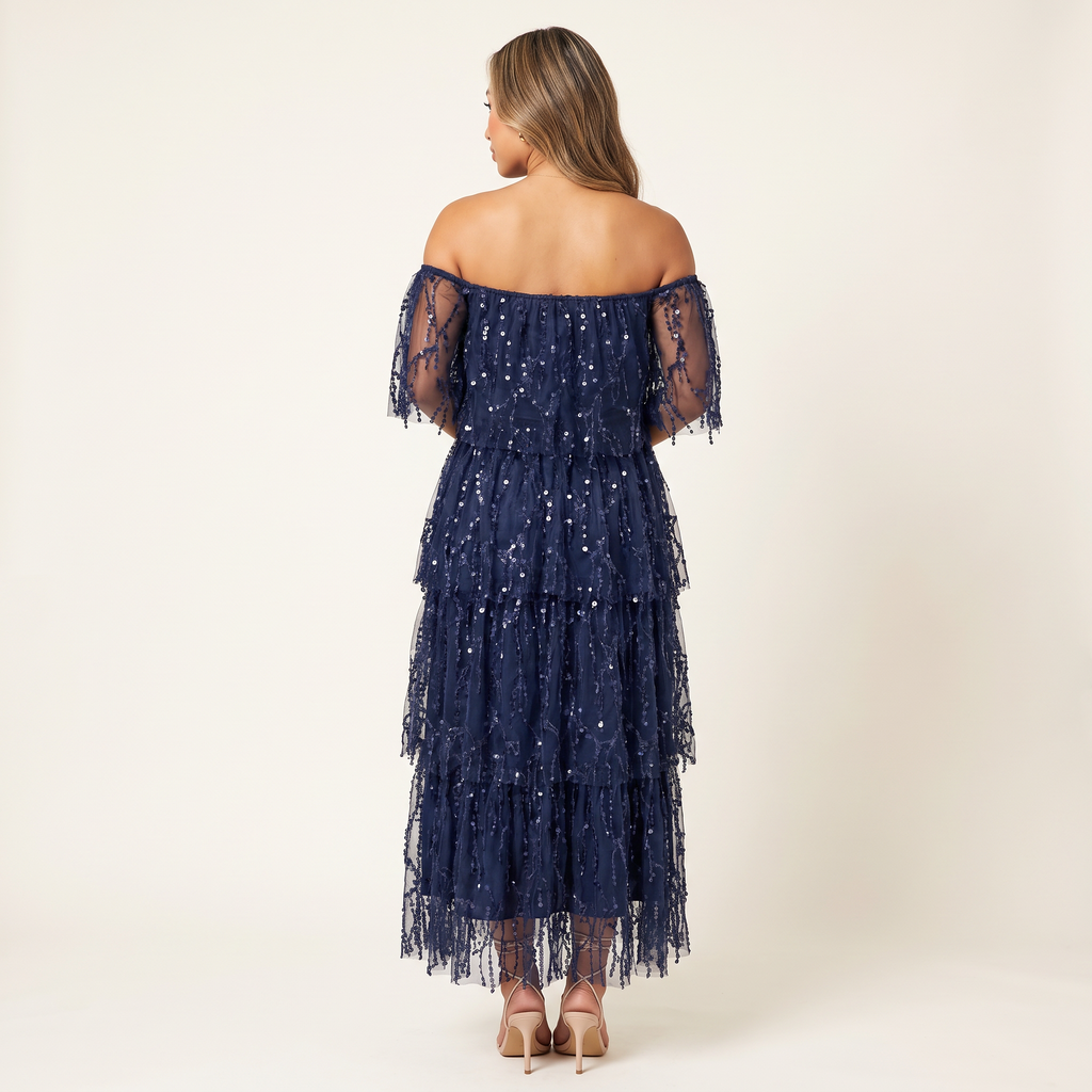 Odessa Tiered Frill Sequin Maxi Dress – Navy – back view