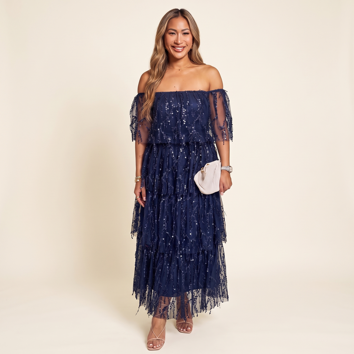 Odessa Tiered Frill Sequin Maxi Dress – Navy – front view