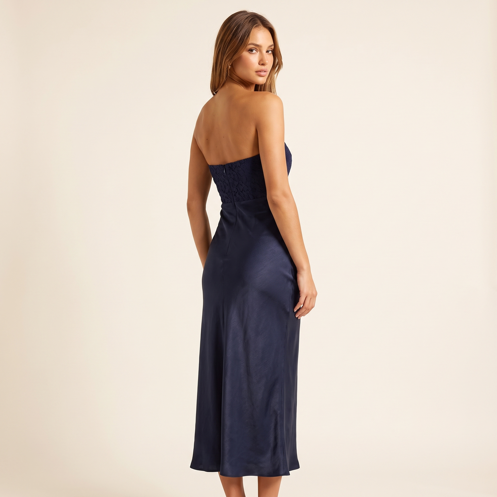 Sapphira Lace Bust Strapless Satin Midi Dress – Navy – back view