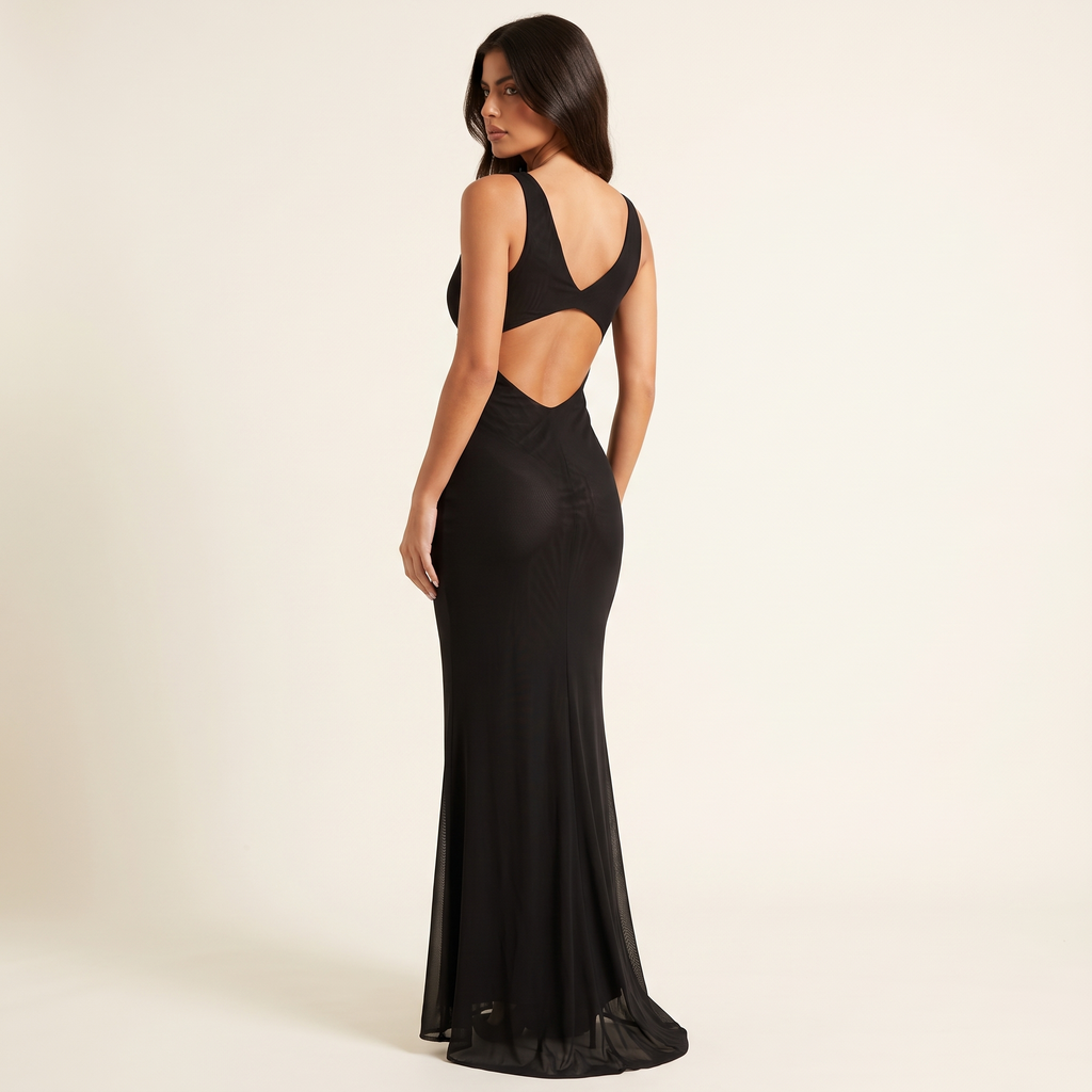 Ondine V-Neck Mesh Maxi Dress with Back Cut-Out – Black – back view