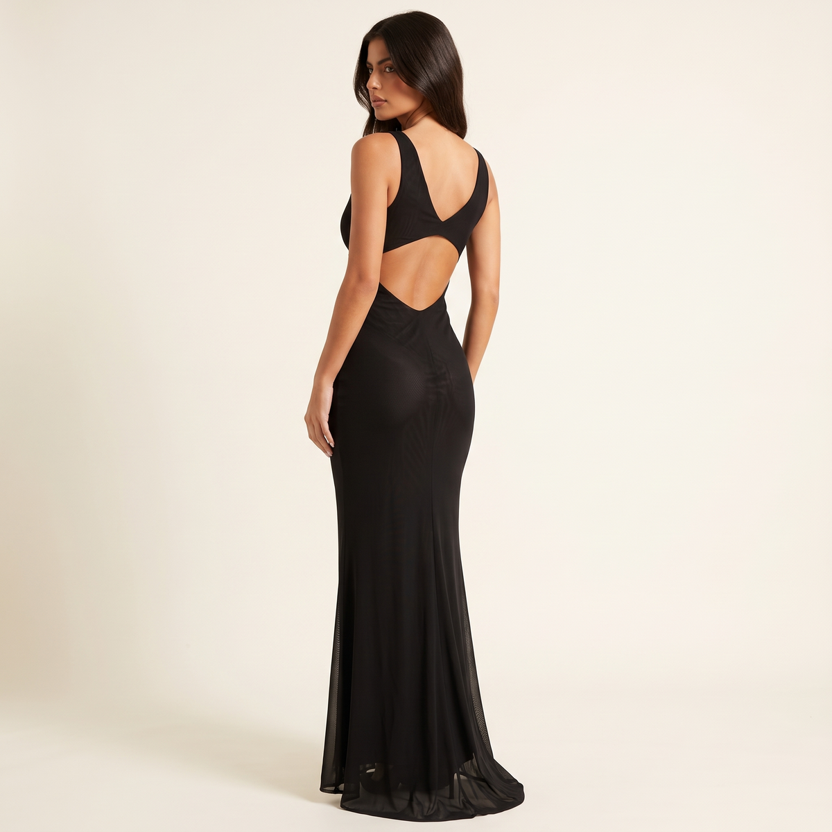 Ondine V-Neck Mesh Maxi Dress with Back Cut-Out – Black – back view