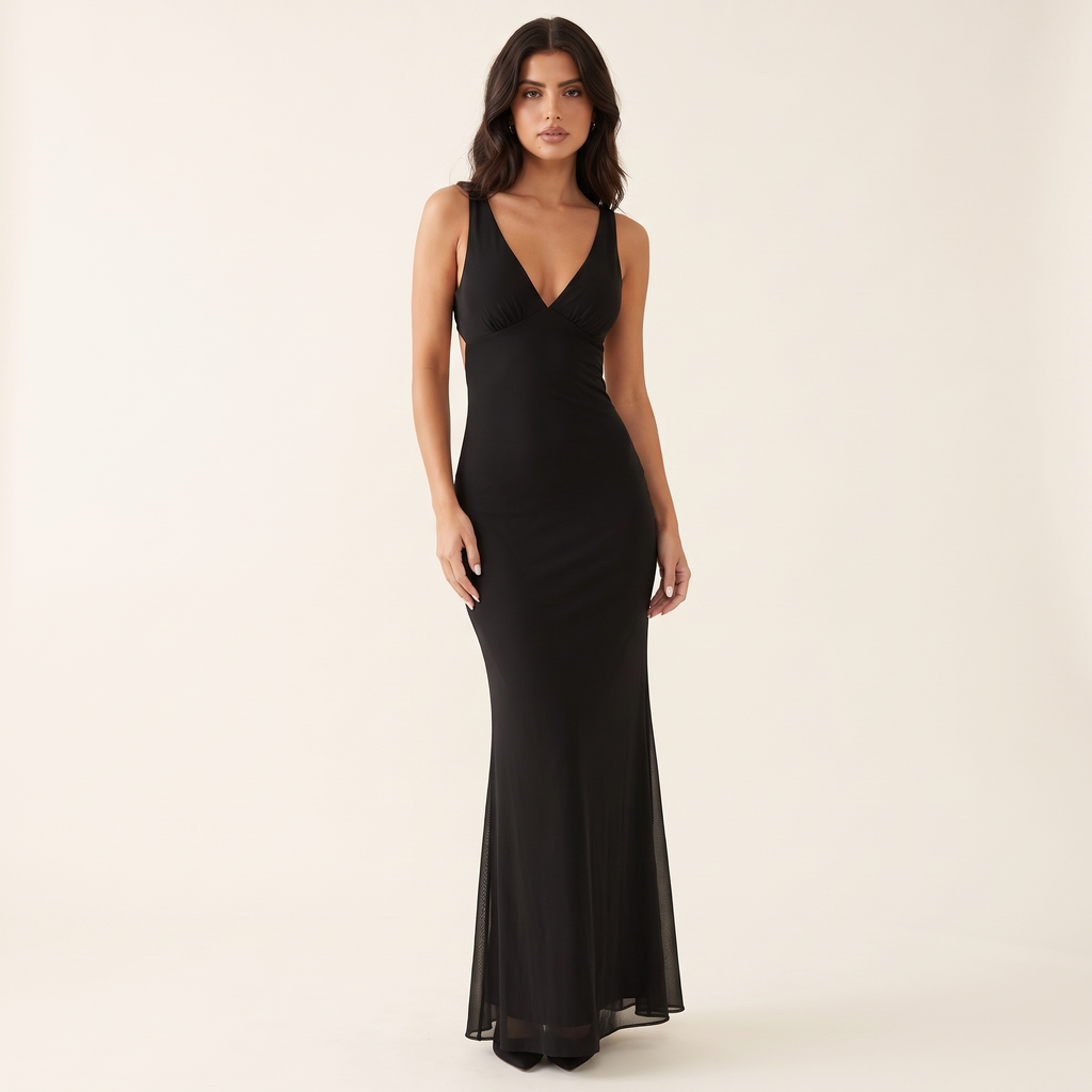 Ondine V-Neck Mesh Maxi Dress with Back Cut-Out – Black – front view