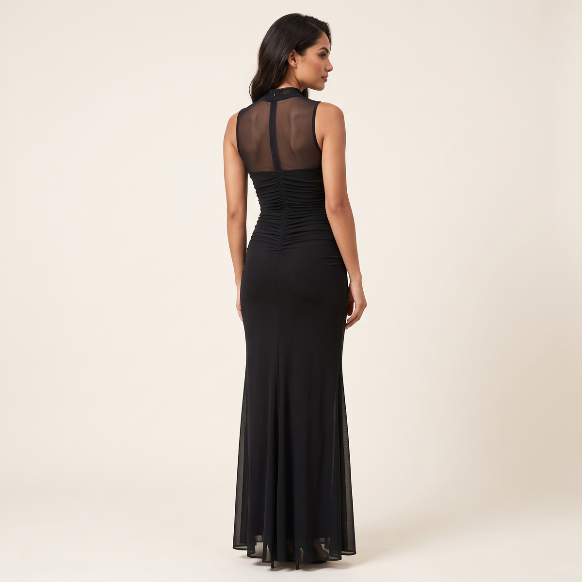 Ottavia High Neck Mesh Bodycon Maxi Dress – Black – back view
