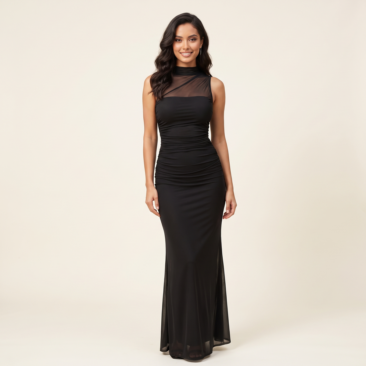 Ottavia High Neck Mesh Bodycon Maxi Dress – Black – front view