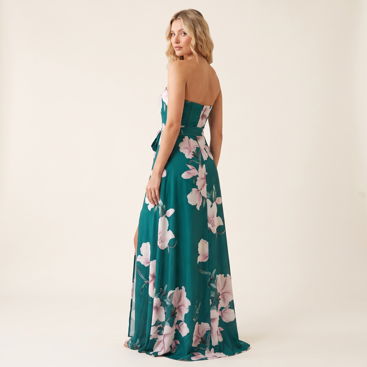 Paloma Boned Bodice Floral Maxi Dress with Side Splits – Green Floral – back view