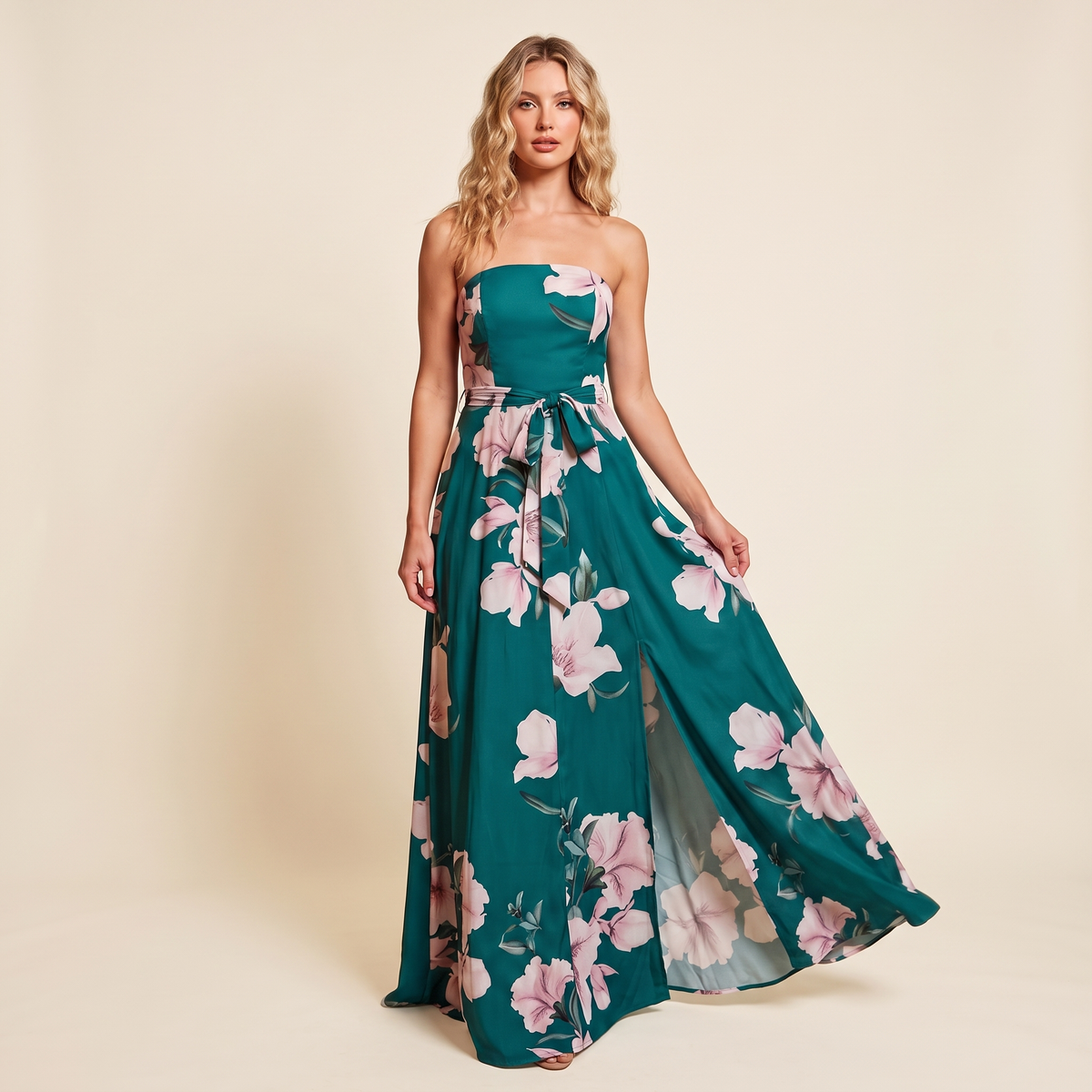 Paloma Boned Bodice Floral Maxi Dress with Side Splits – Green Floral – front view