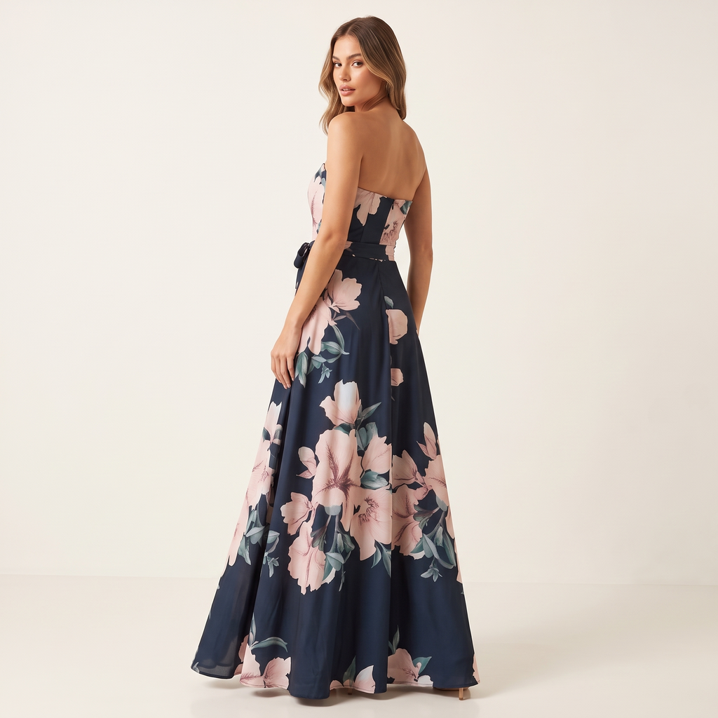 Paloma Boned Bodice Floral Maxi Dress with Side Splits – Navy Floral – back view