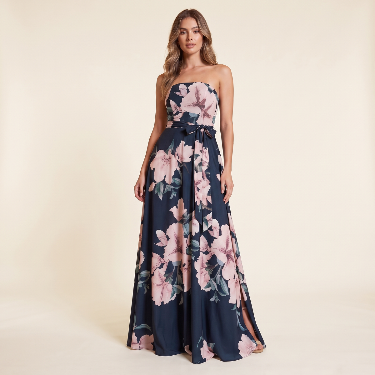Paloma Boned Bodice Floral Maxi Dress with Side Splits – Navy Floral – front view