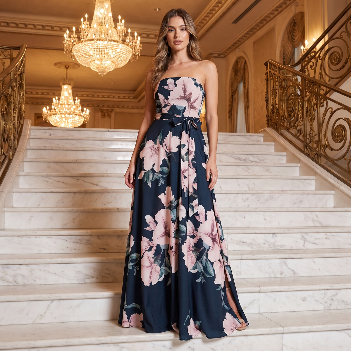 Paloma Boned Bodice Floral Maxi Dress with Side Splits – Navy Floral – lifestyle