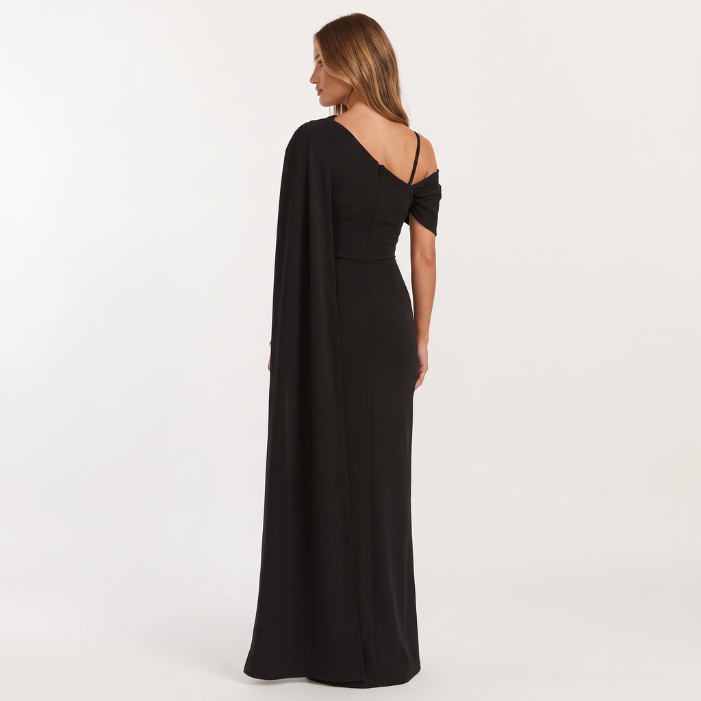 Philippa Asymmetric Sleeve Midi Dress – Black – back view