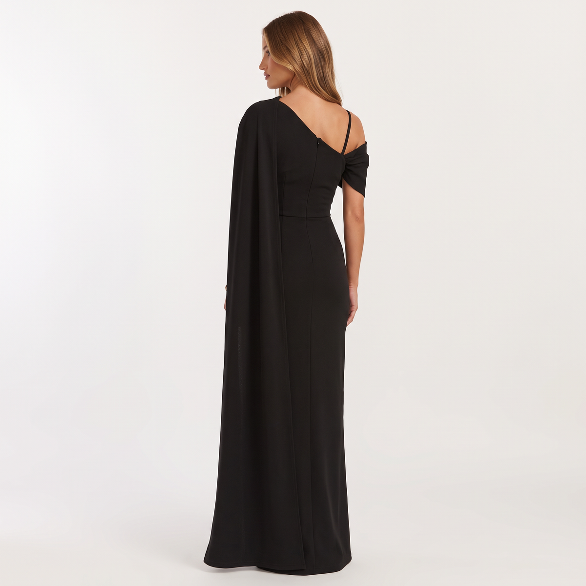Philippa Asymmetric Sleeve Midi Dress – Black – back view