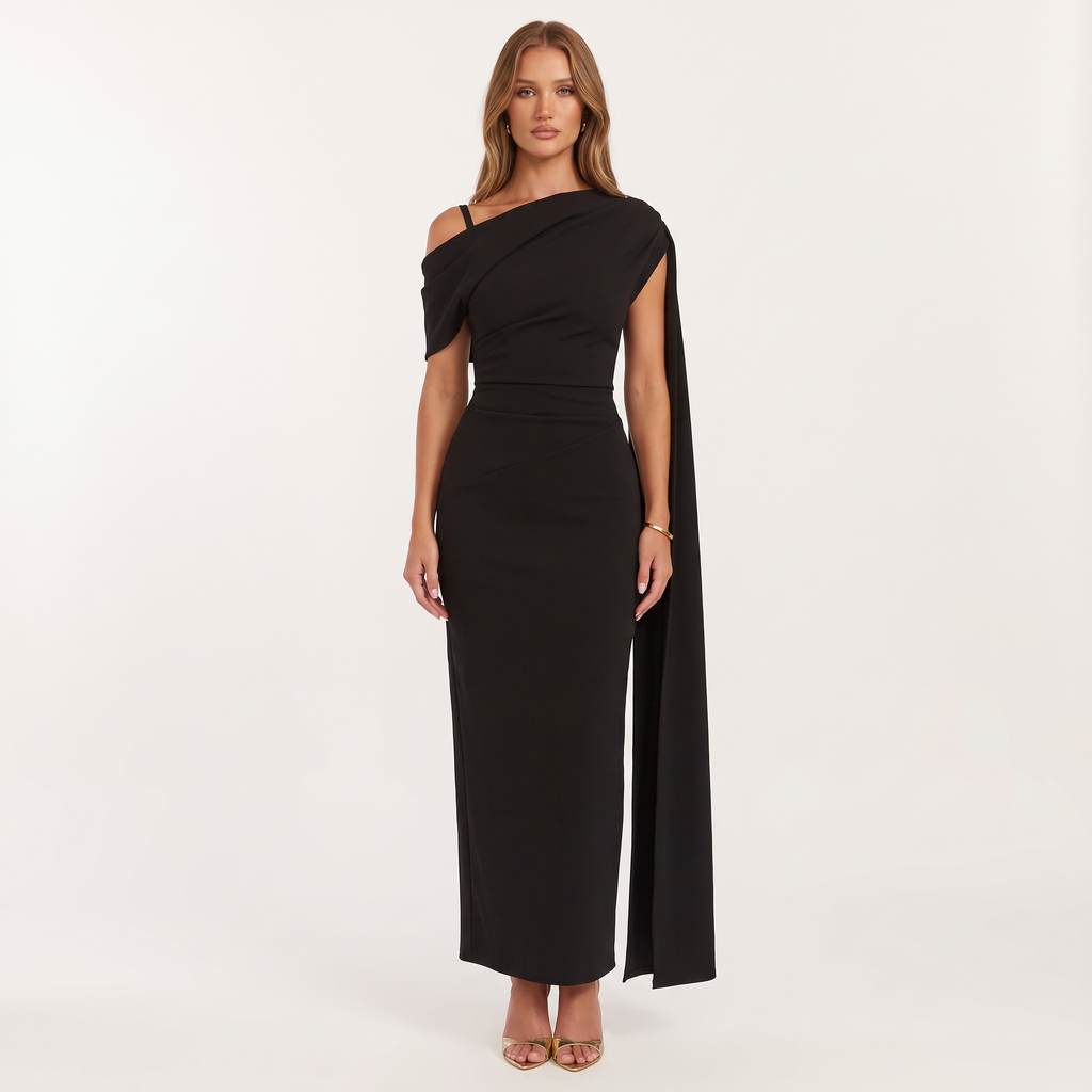 Philippa Asymmetric Sleeve Midi Dress – Black – front view