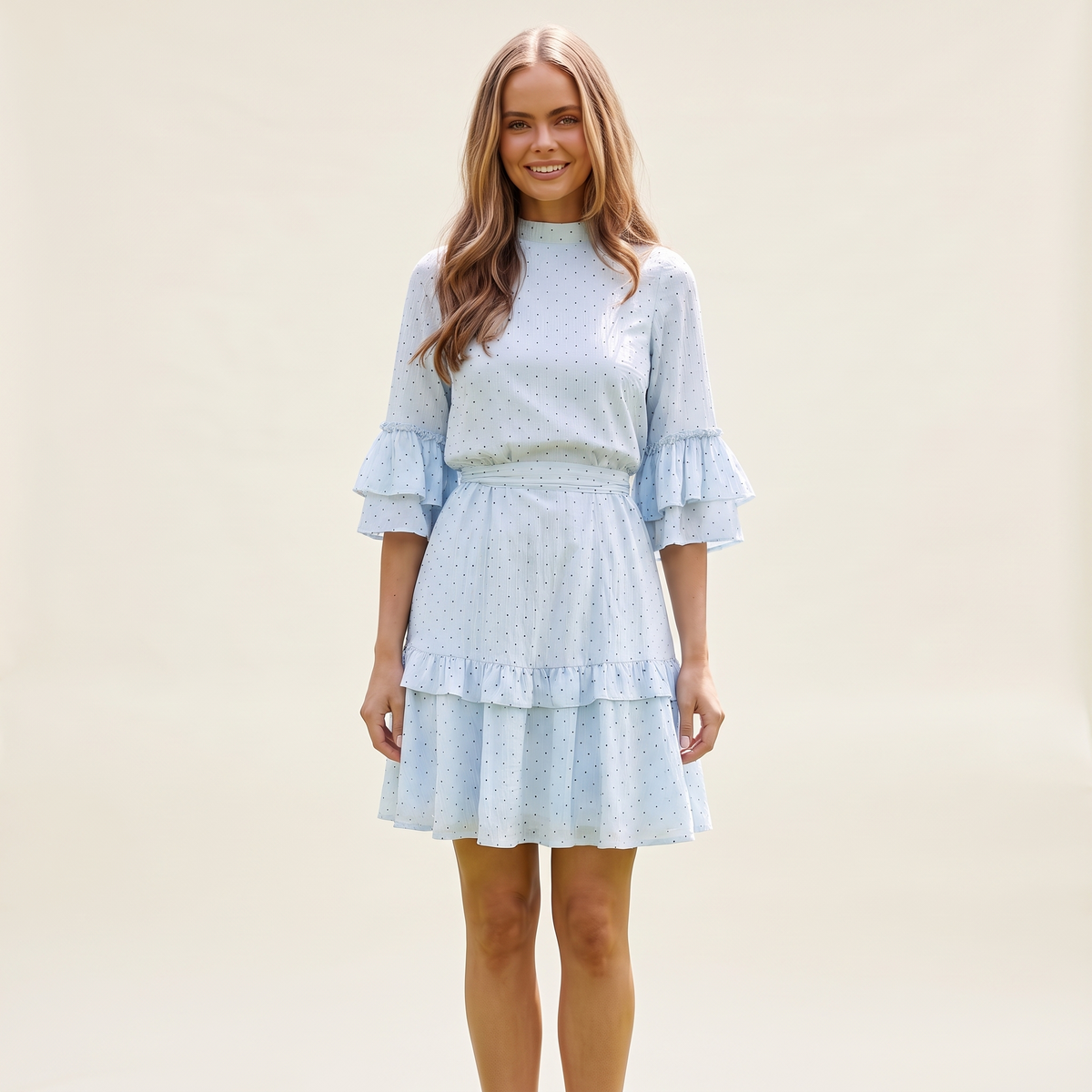 Polly Frill Sleeve High Neck Mini Dress – Blue Polka Dot – front view