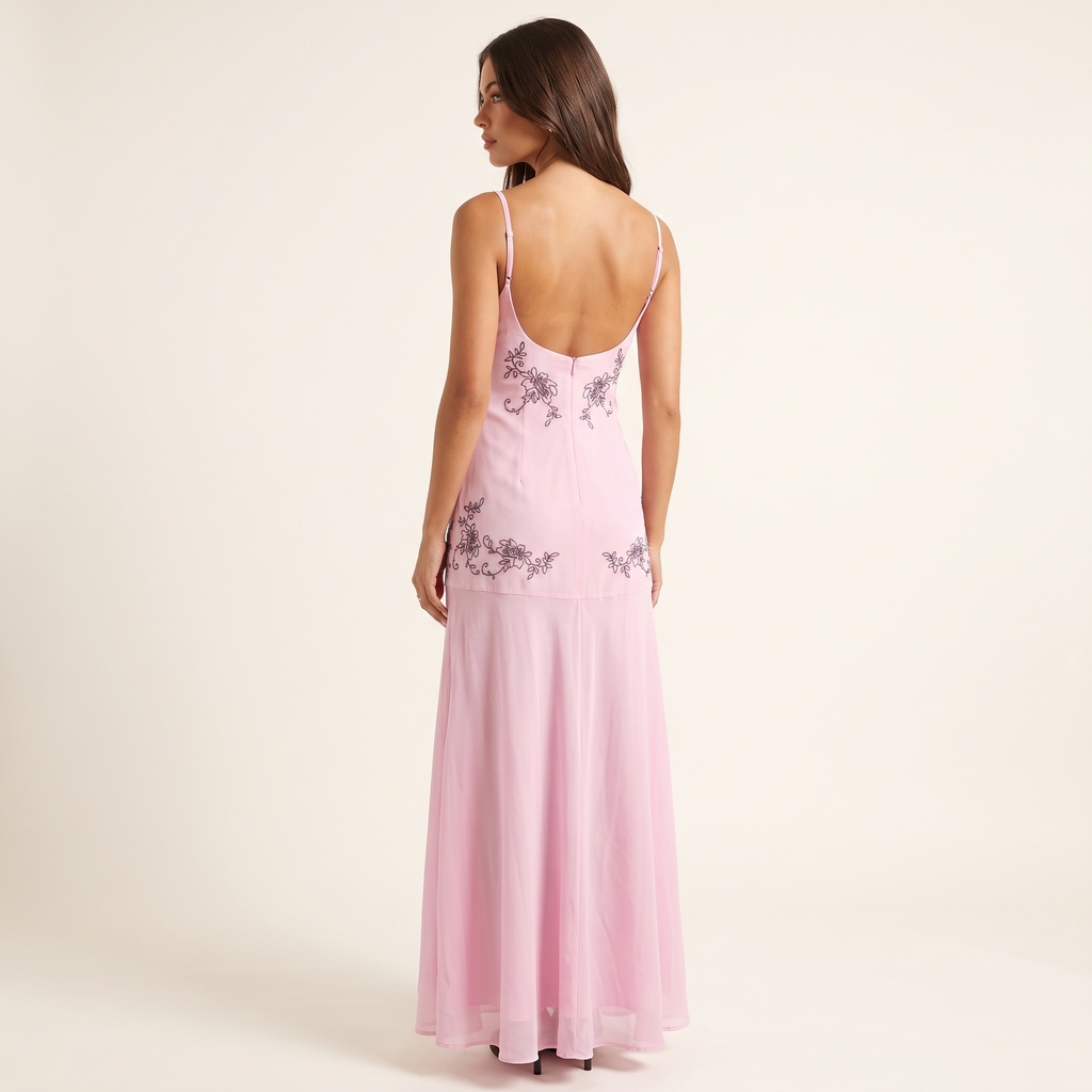 Primula Embroidered Drop Waist Midi Dress – Light Pink – back view