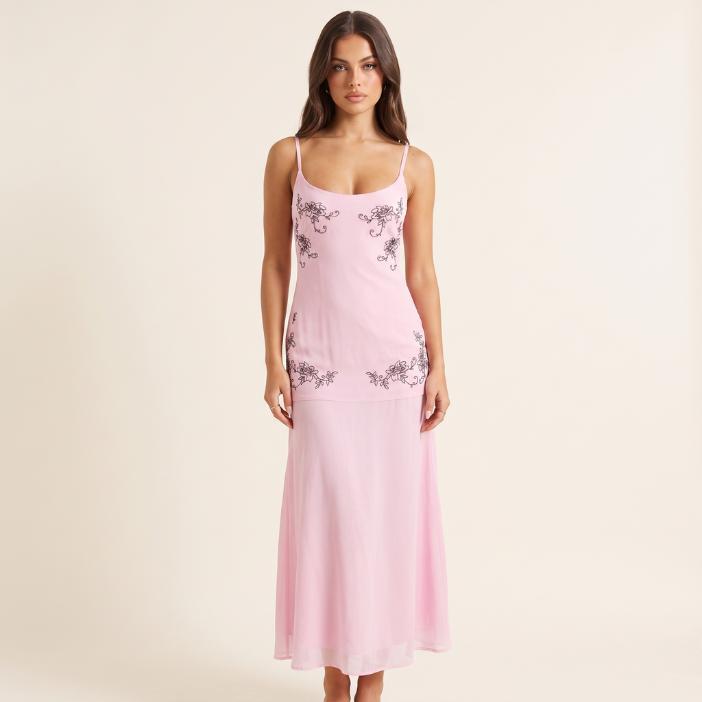 Primula Embroidered Drop Waist Midi Dress – Light Pink – front view