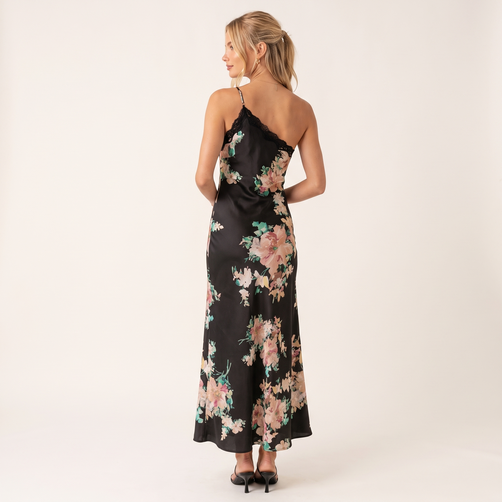 Raphaela Asymmetric Lace Trim Maxi Dress – Black Floral – back view