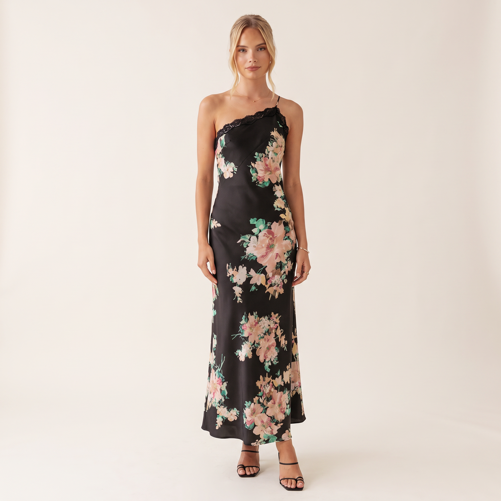 Raphaela Asymmetric Lace Trim Maxi Dress – Black Floral – front view