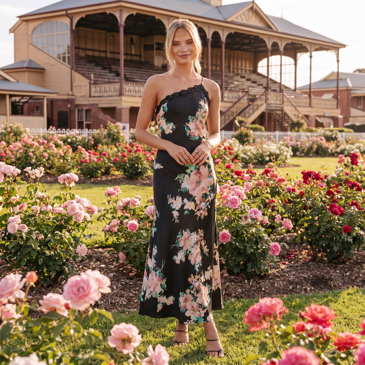 Raphaela Asymmetric Lace Trim Maxi Dress – Black Floral – lifestyle