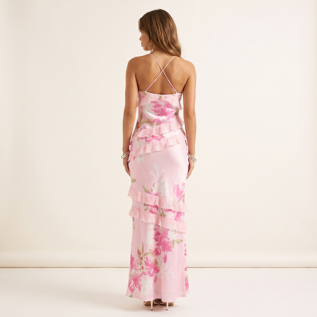 Rivka Ruffle Satin Maxi Dress with Cross Back – Pink Floral – back view