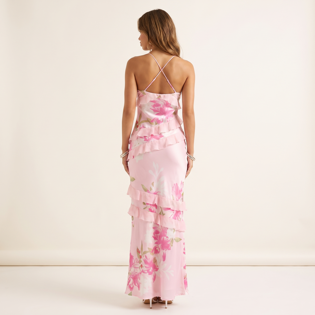 Rivka Ruffle Satin Maxi Dress with Cross Back – Pink Floral – back view