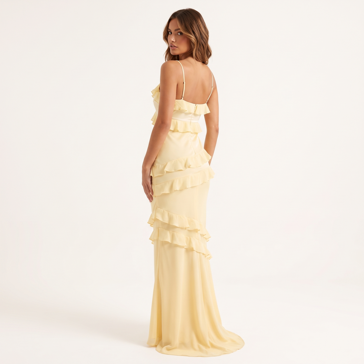 Rosalba Chiffon Ruffle Satin Maxi Dress – Yellow – back view