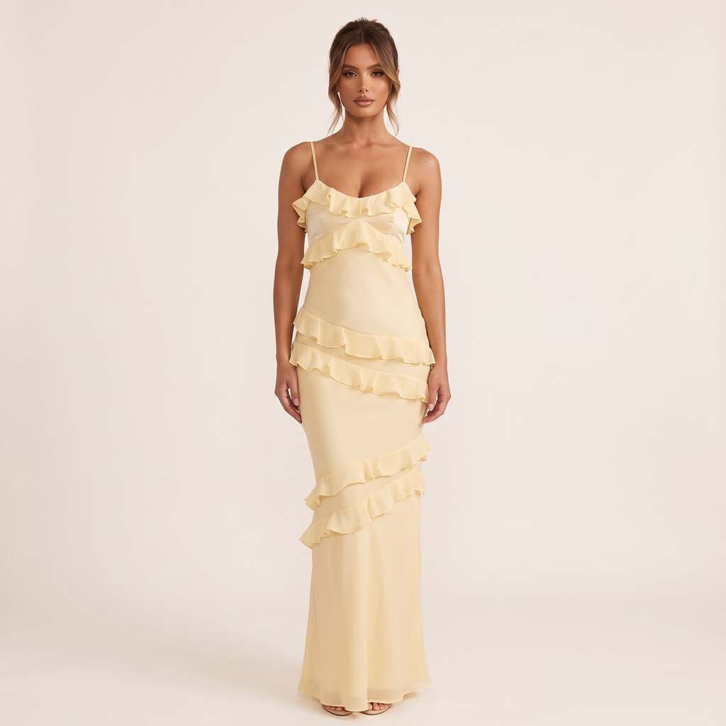 Rosalba Chiffon Ruffle Satin Maxi Dress – Yellow – front view