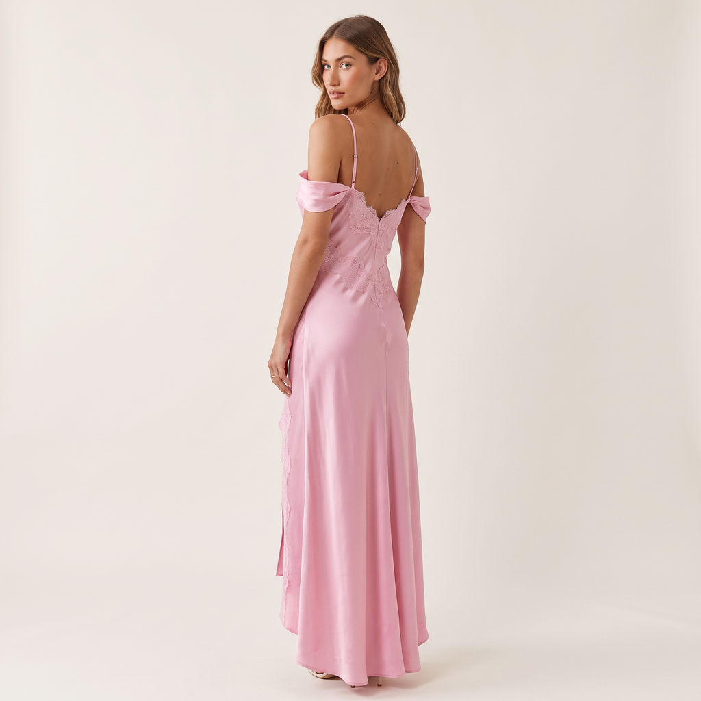 Rosalie Front Split Satin Maxi Dress – Pink – back view