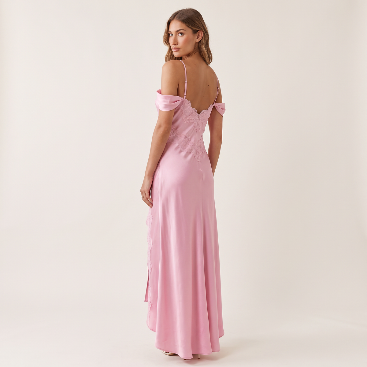 Rosalie Front Split Satin Maxi Dress – Pink – back view