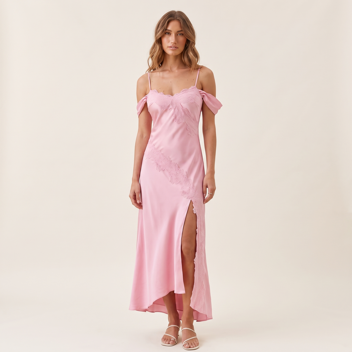 Rosalie Front Split Satin Maxi Dress – Pink – front view