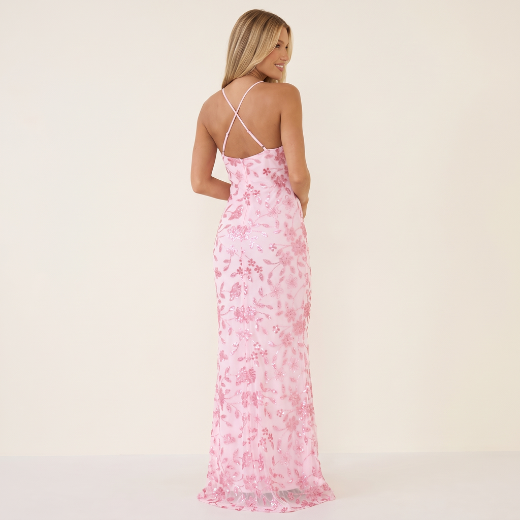 Rosalind V-Neck Cross Back Sequin Maxi Dress – Pink – back view