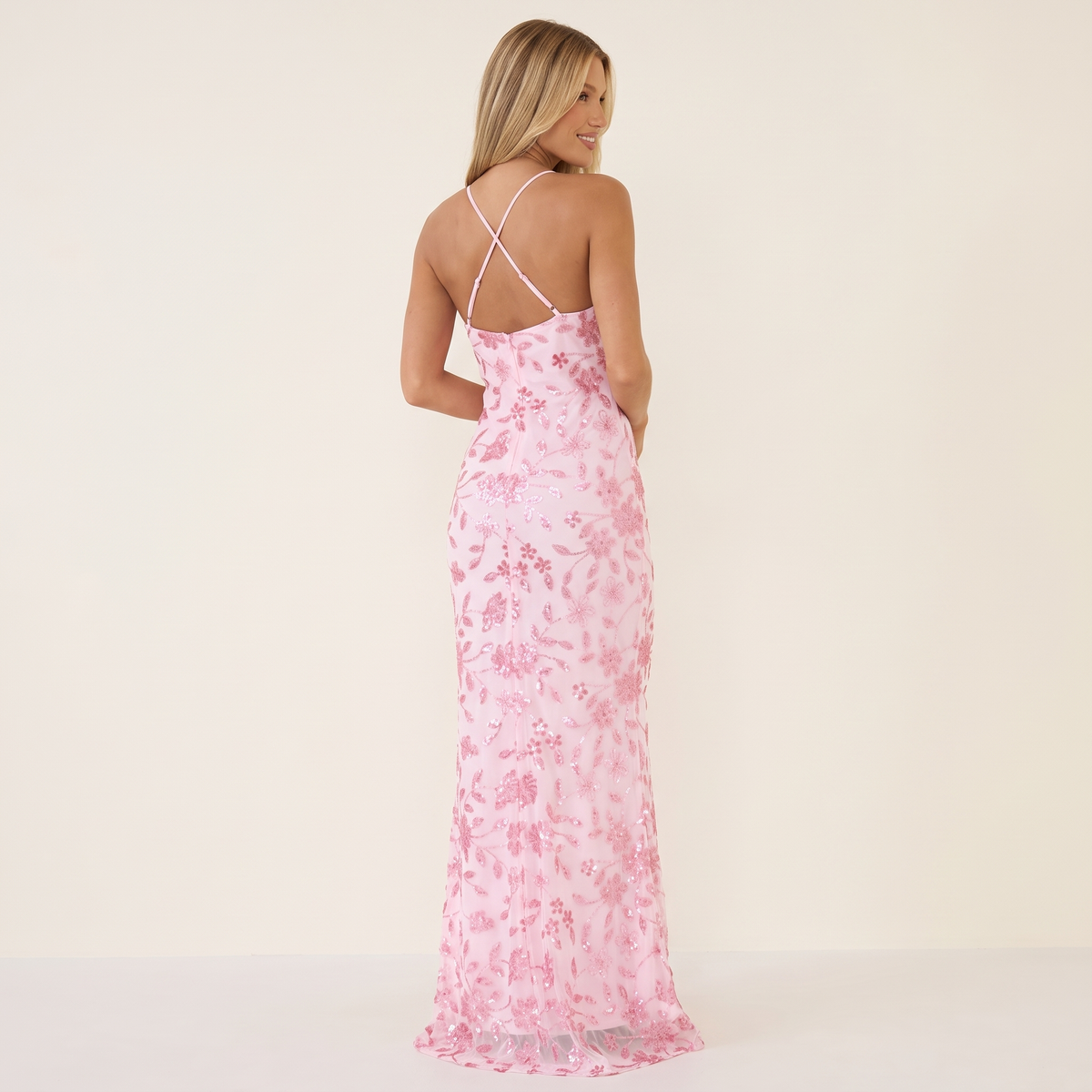 Rosalind V-Neck Cross Back Sequin Maxi Dress – Pink – back view