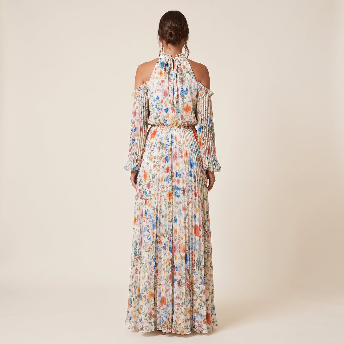 Rosamund Off-Shoulder Long Sleeve Pleated Maxi Dress – Garden Floral – back view