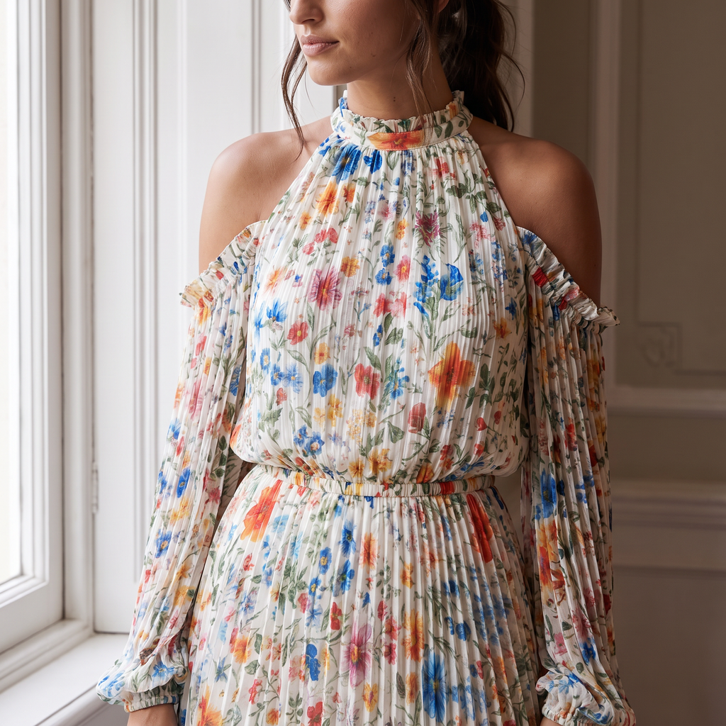 Rosamund Off-Shoulder Long Sleeve Pleated Maxi Dress – Garden Floral – detail