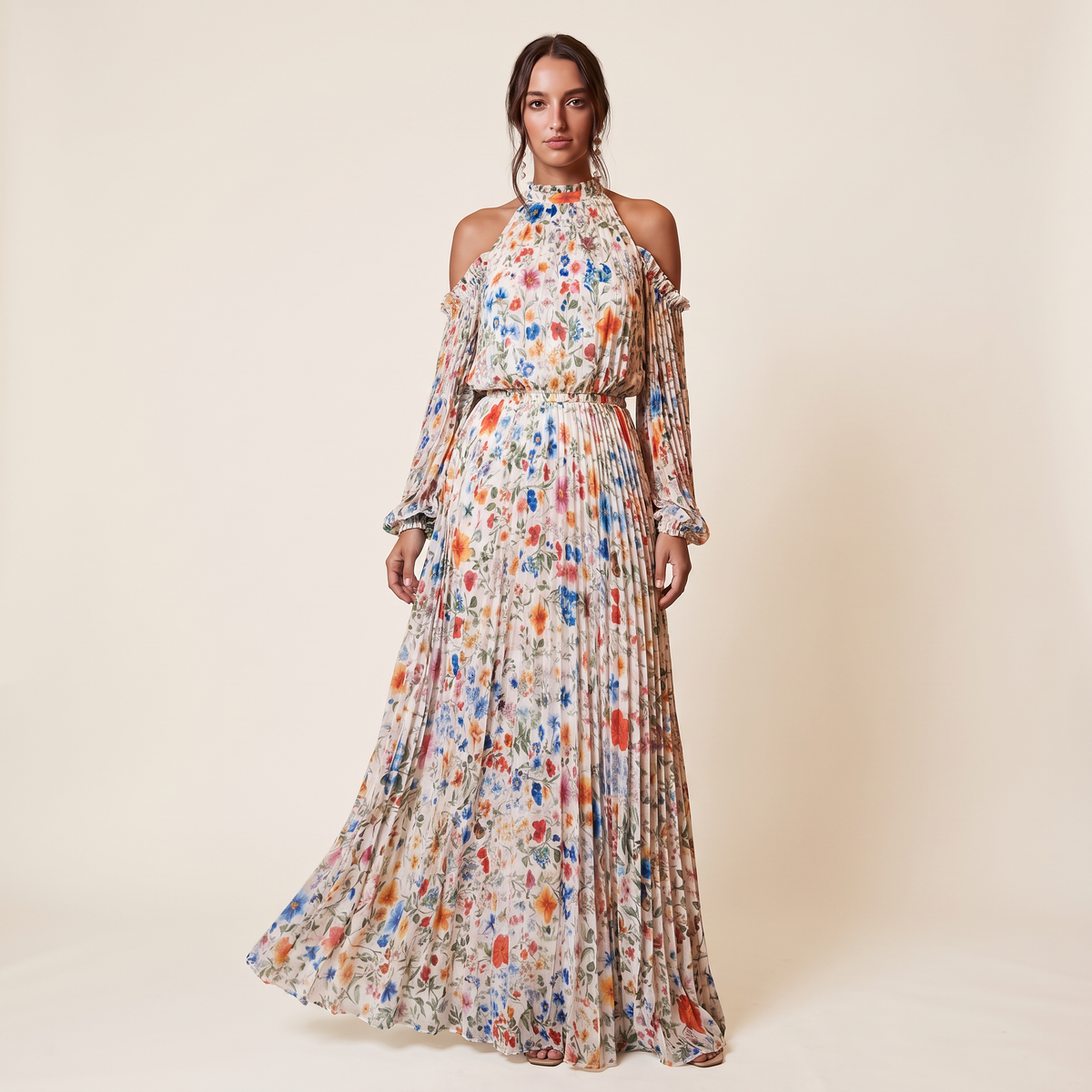 Rosamund Off-Shoulder Long Sleeve Pleated Maxi Dress – Garden Floral – front view