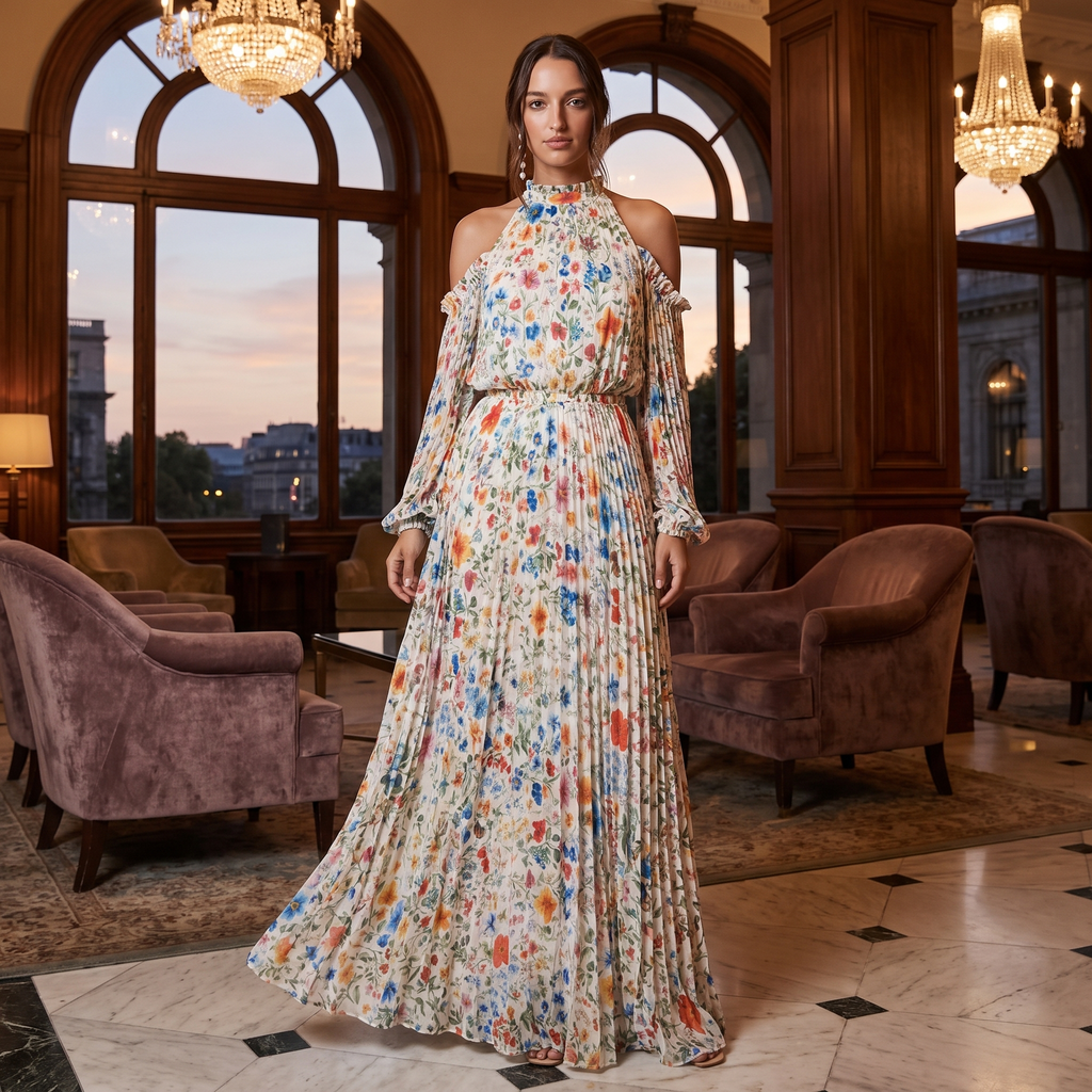 Rosamund Off-Shoulder Long Sleeve Pleated Maxi Dress – Garden Floral – lifestyle