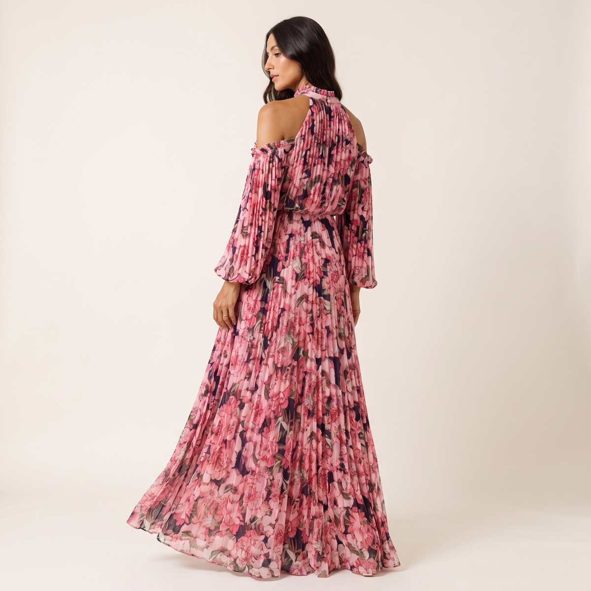 Rosamund Off-Shoulder Long Sleeve Pleated Maxi Dress – Pink Floral – back view